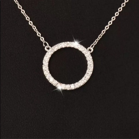 New - Classic Pave Circle Necklace Rhodium Plated - Picture 3 of 5